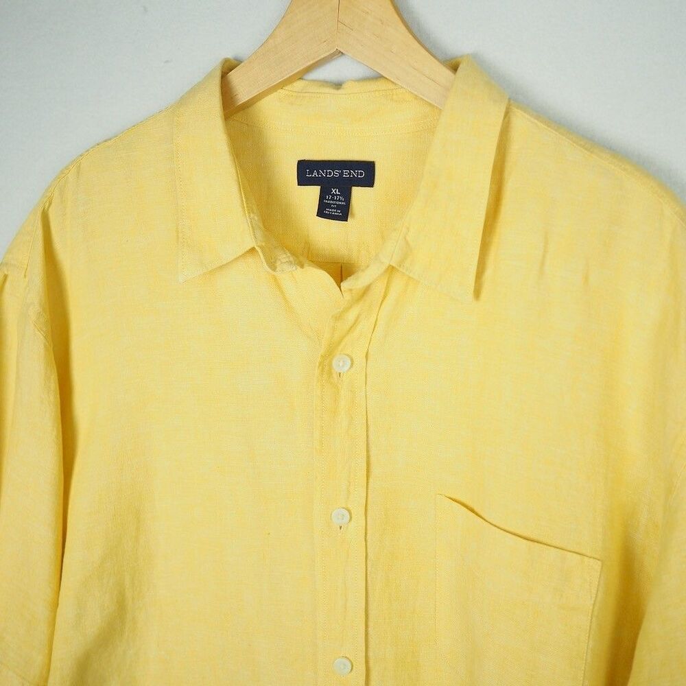 Lands End Mens 100% Linen Short Sleeve Shirt XL Canary Yellow Button Down